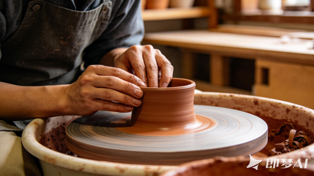 jimeng 2026 03 16 5233 日本匠人双手在陶轮上塑形，温暖工作室光线， 陶土质感特写，棕色和赤陶色调，木质工...