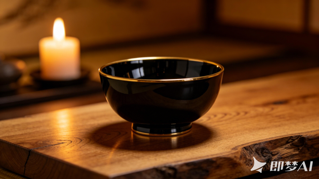 jimeng 2026 03 16 6899 日本传统漆器碗，深黑乌漆表面， 金色边缘细节，放置在老桧木上， 温暖烛光氛围，浅...